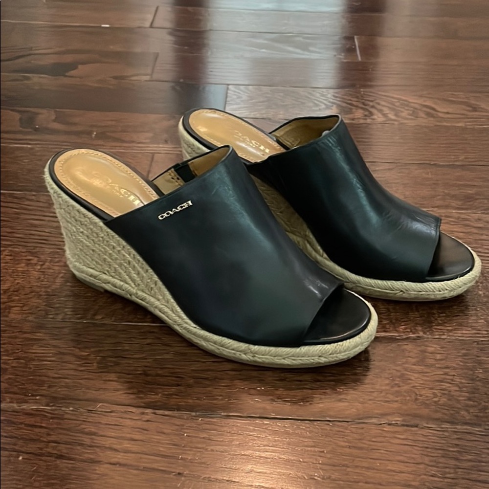 Coach Black Leather & Raffia Wedge Sz 6.5